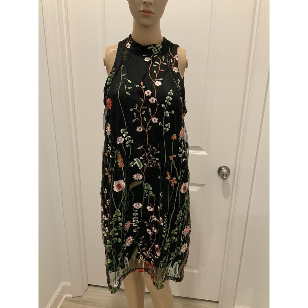 Est. 1946 Dress MEDIUM Embroidered Black Sleeveless Emb. Flowers Party Wedding